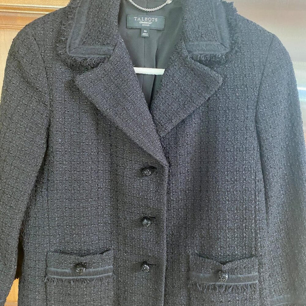 Talbots Classic Black tweed beaded button jacket. dress up or down.